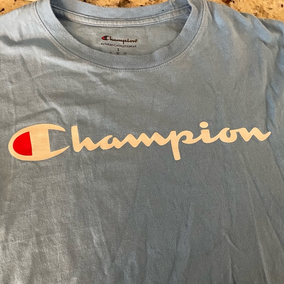 Champion Lt Blue Short Sleeve Tee Men SZ:S Front banner logo plus sleeve C logo - Picture 5 of 11